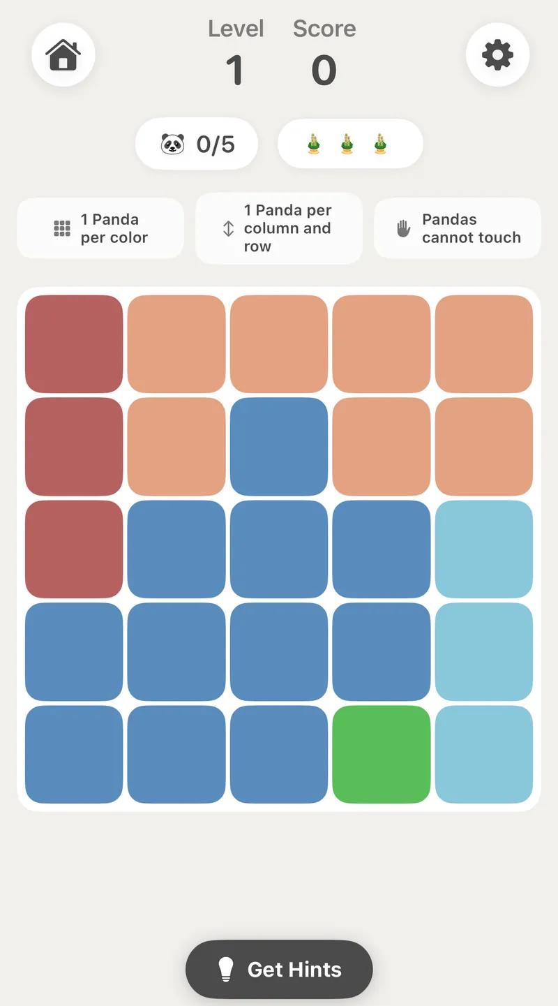 A fresh MyDoku board: five color regions in a 5 by 5 grid